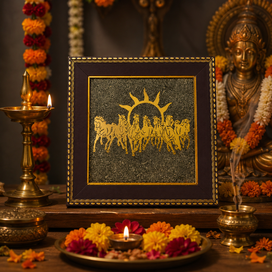 7 Horses Raw Pyrite Crystal Frame Vastu Home Office Décor Wealth Career Success