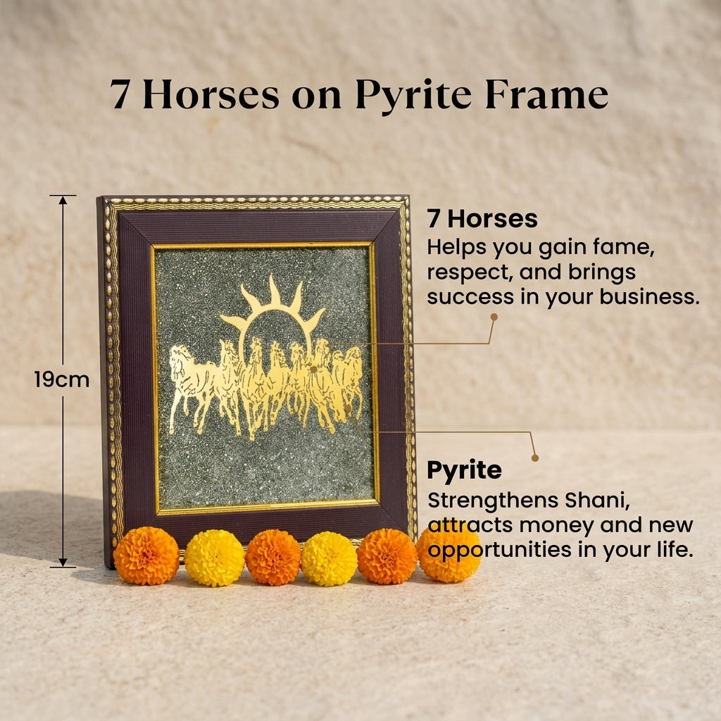7 Horses Raw Pyrite Crystal Frame Vastu Home Office Décor Wealth Career Success