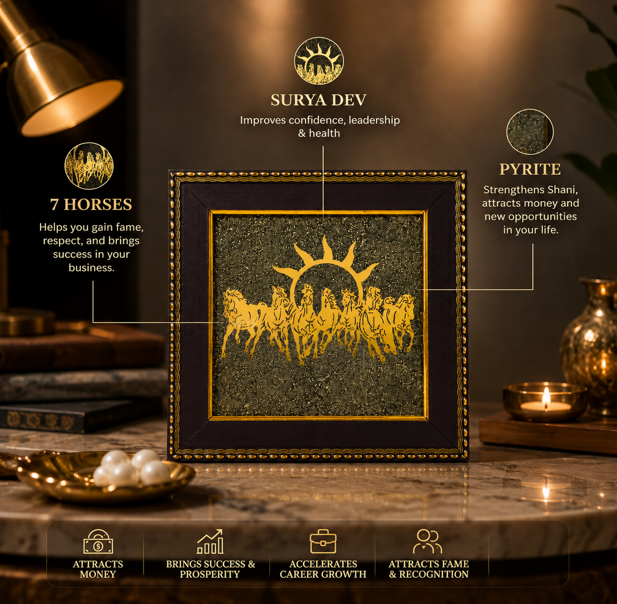 7 Horses Raw Pyrite Crystal Frame Vastu Home Office Décor Wealth Career Success