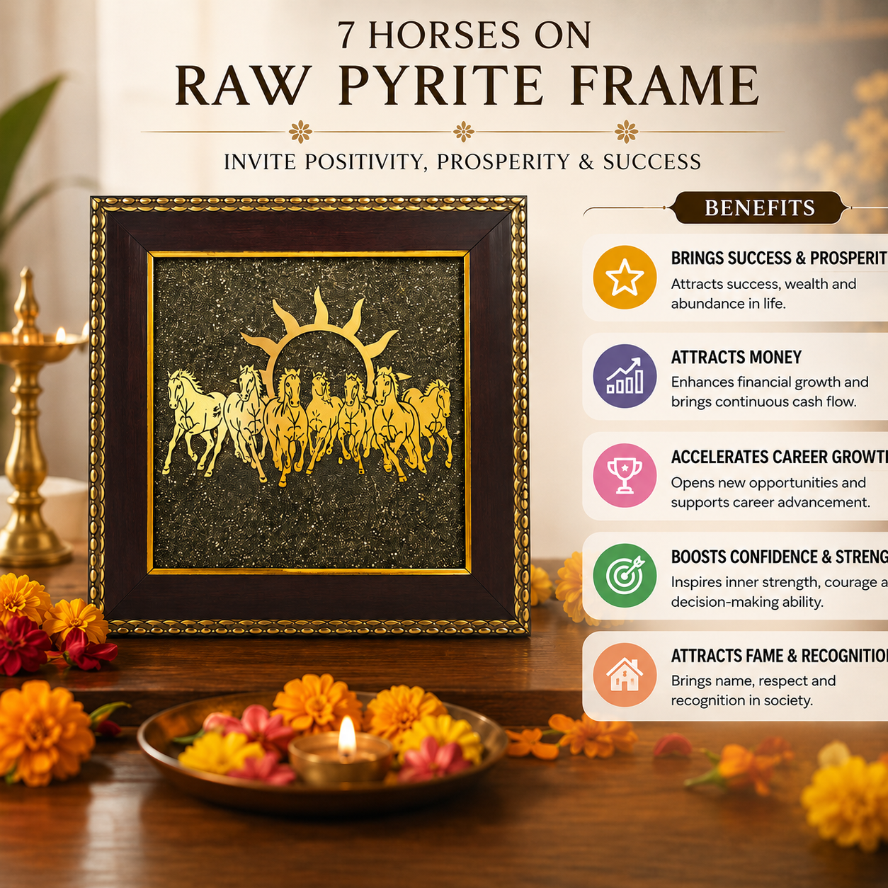 7 Horses Raw Pyrite Crystal Frame Vastu Home Office Décor Wealth Career Success