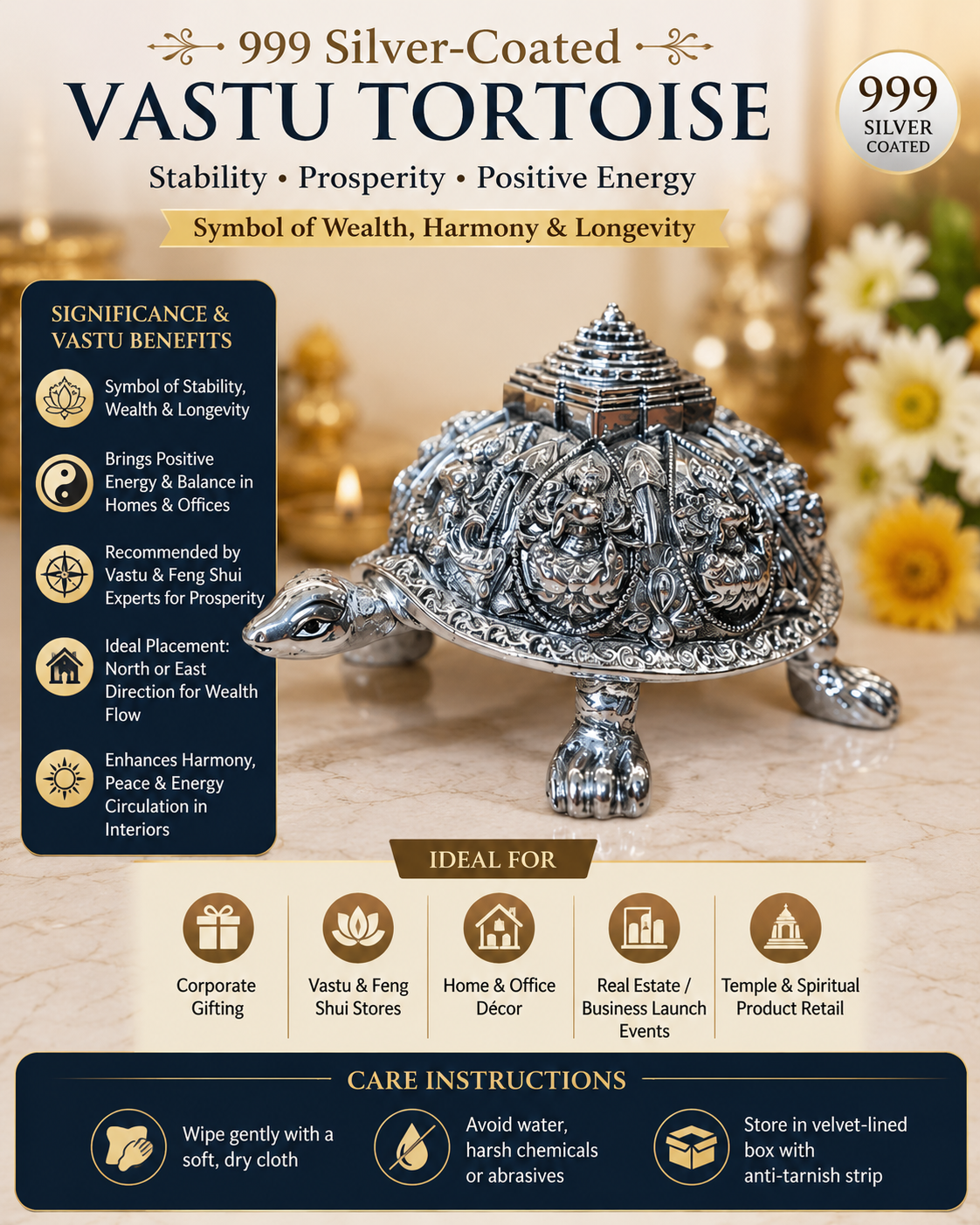 Silver Tortoise Statue | Kurma Avatar Vishnu | Pure Silver | Vastu Feng Shui | Home Decor Gift