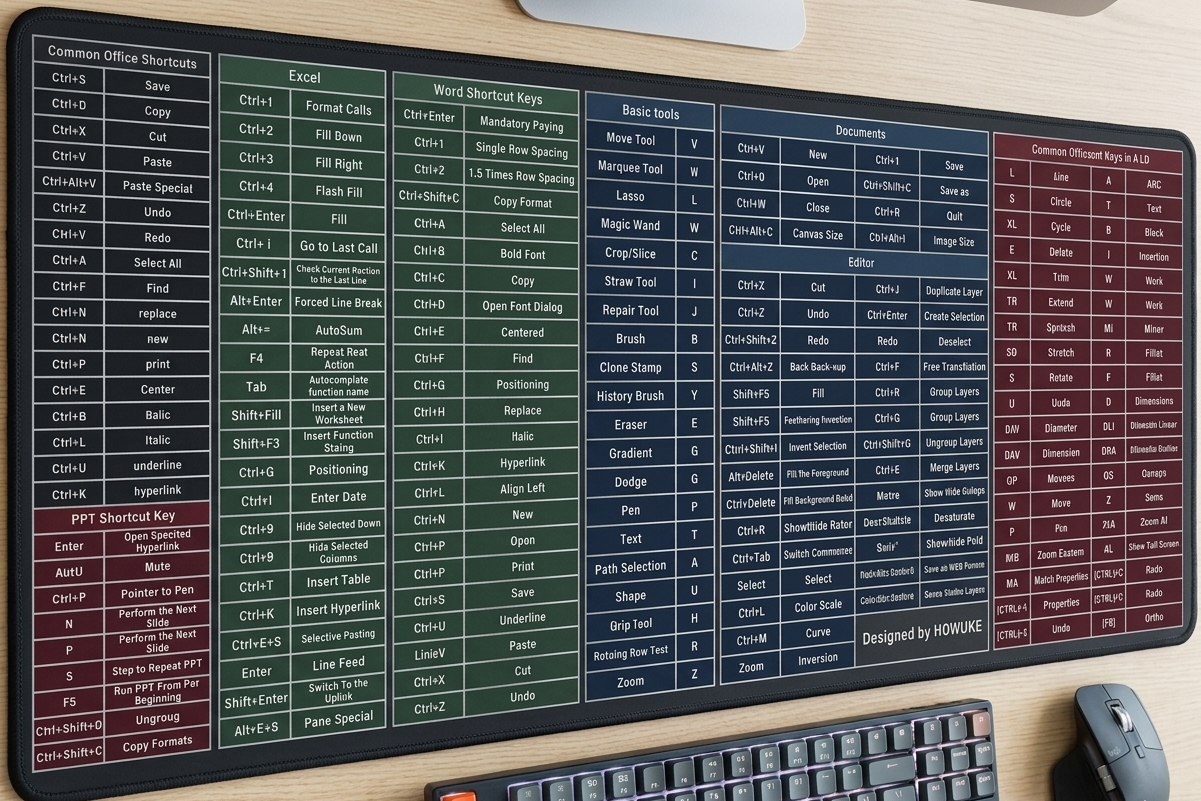 Master Shortcut Keyboard Mat | 100+ Office & Excel Keys | Anti-Slip Desk Pad