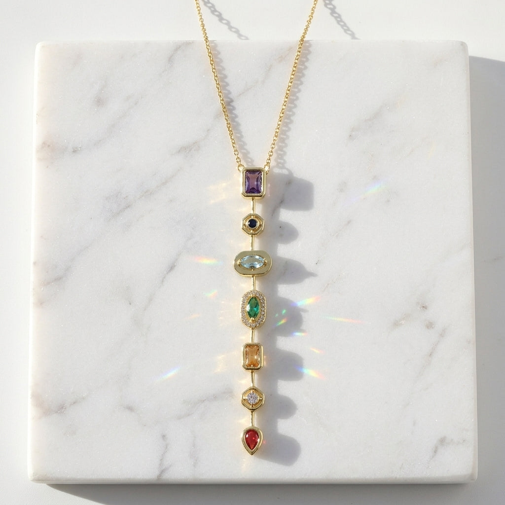 Chunky Spectrum CZ Pendant Necklace | 7 Stone Rainbow Pendant | Anti-Tarnish Gold Plated