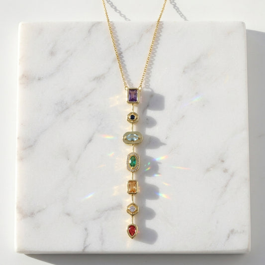 Chunky Spectrum CZ Pendant Necklace | 7 Stone Rainbow Pendant | Anti-Tarnish Gold Plated