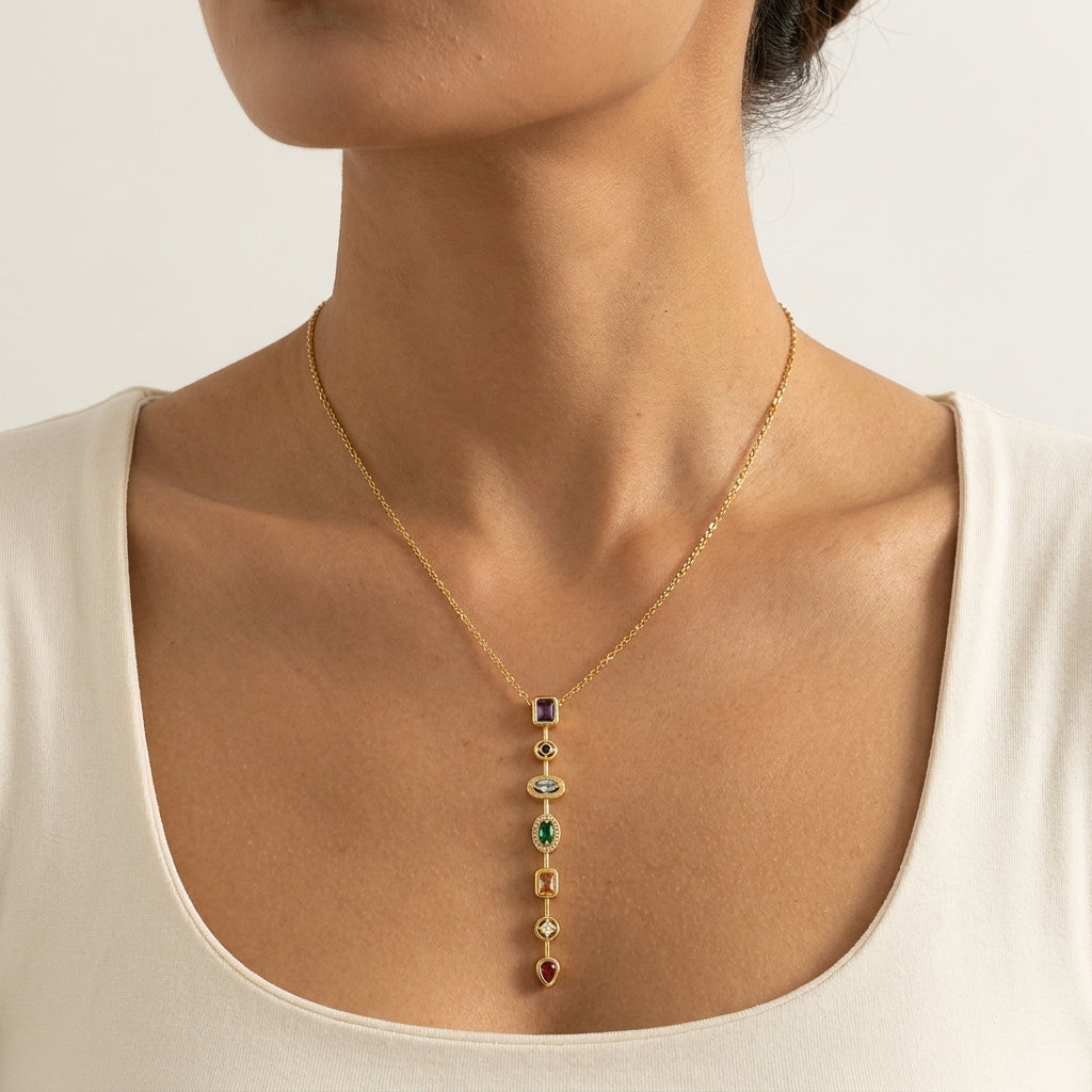 Chunky Spectrum CZ Pendant Necklace | 7 Stone Rainbow Pendant | Anti-Tarnish Gold Plated