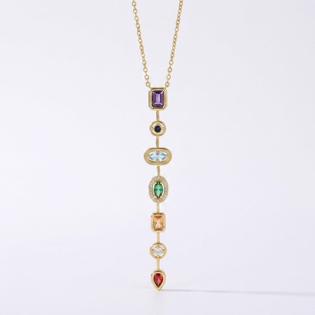 Chunky Spectrum CZ Pendant Necklace | 7 Stone Rainbow Pendant | Anti-Tarnish Gold Plated