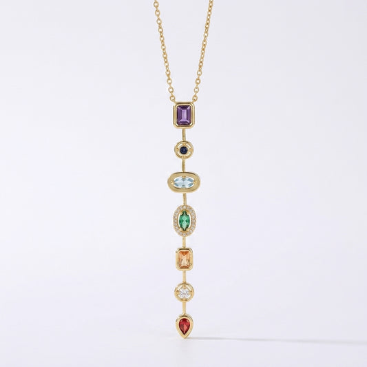 Chunky Spectrum CZ Pendant Necklace | 7 Stone Rainbow Pendant | Anti-Tarnish Gold Plated