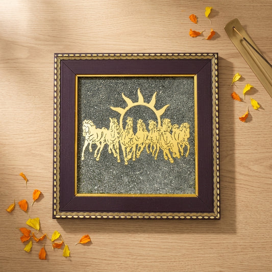 7 Horses Raw Pyrite Crystal Frame Vastu Home Office Décor Wealth Career Success