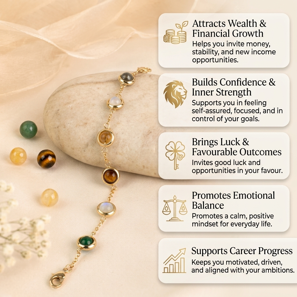 Metal Dhan Yog Bracelet for Women | Gold Plated Crystal Bead Bracelet with Pyrite, Citrine, Tiger Eye & Quartz – Wealth & Luck Bracelet