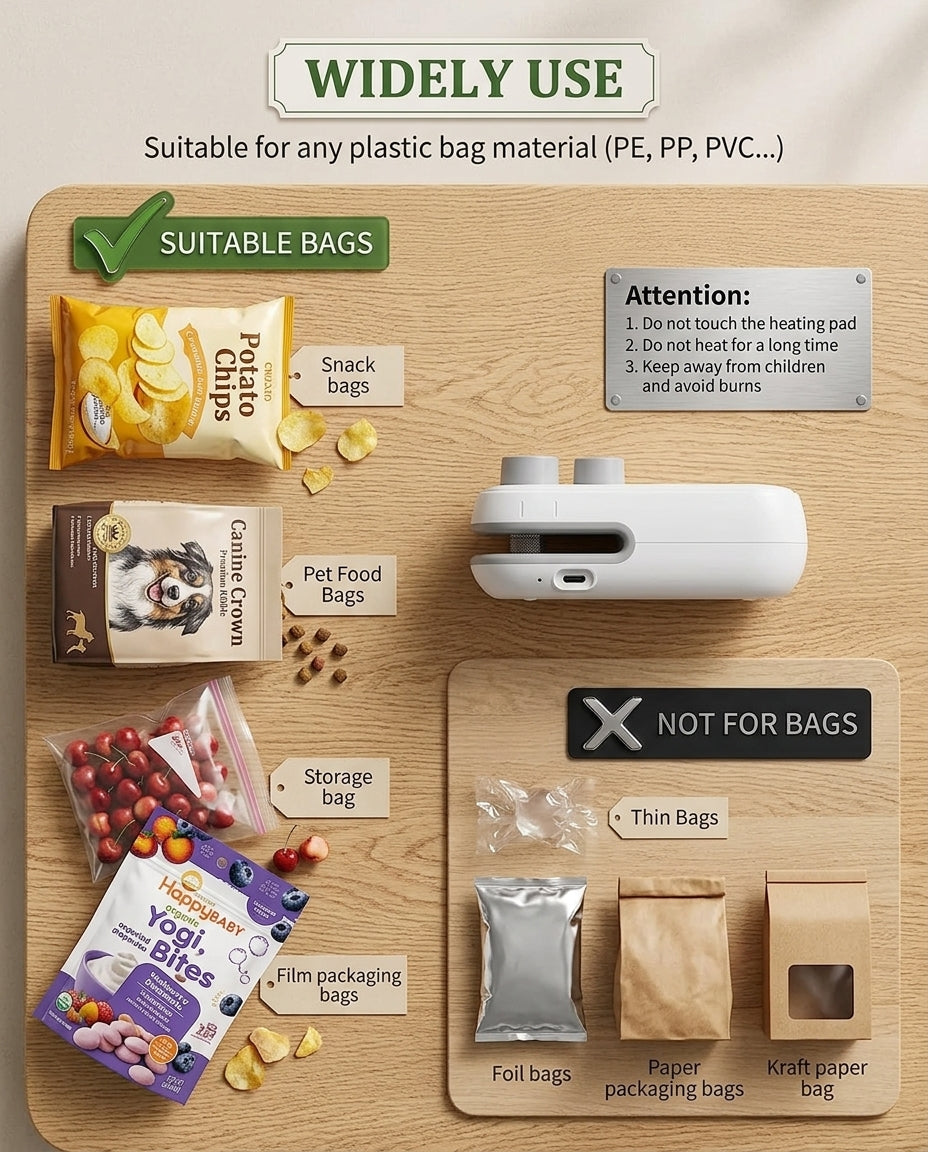 Mini Bag Sealer | Rechargeable 2-in-1 Food Sealer & Cutter | USB Charging | Keep Food Fresh