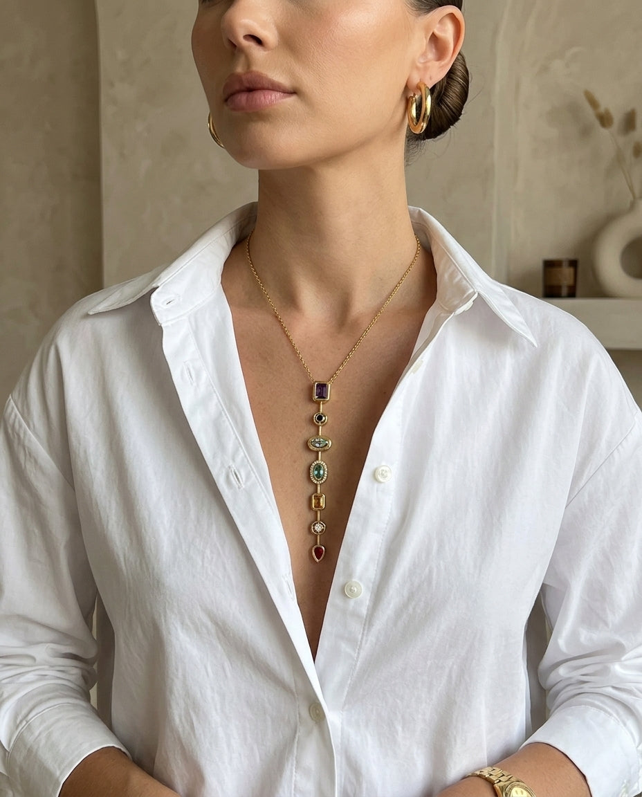 Chunky Spectrum CZ Pendant Necklace | 7 Stone Rainbow Pendant | Anti-Tarnish Gold Plated