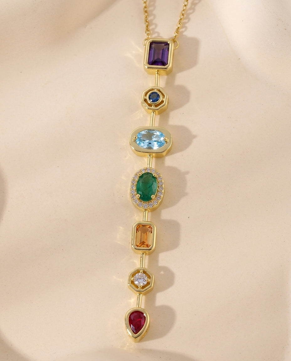 Chunky Spectrum CZ Pendant Necklace | 7 Stone Rainbow Pendant | Anti-Tarnish Gold Plated