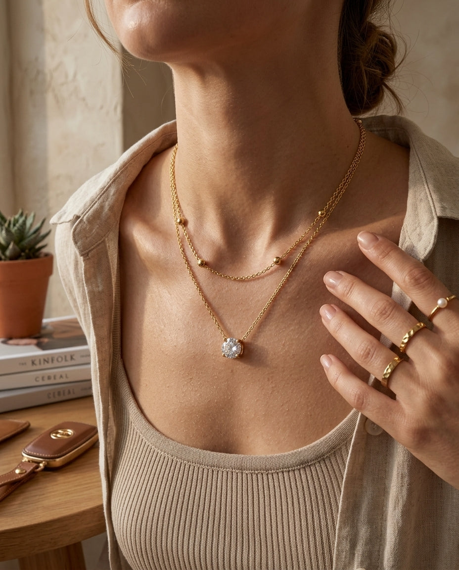 Layered Gold Necklace Set for Women | Chain Necklace with Crystal Pendant
