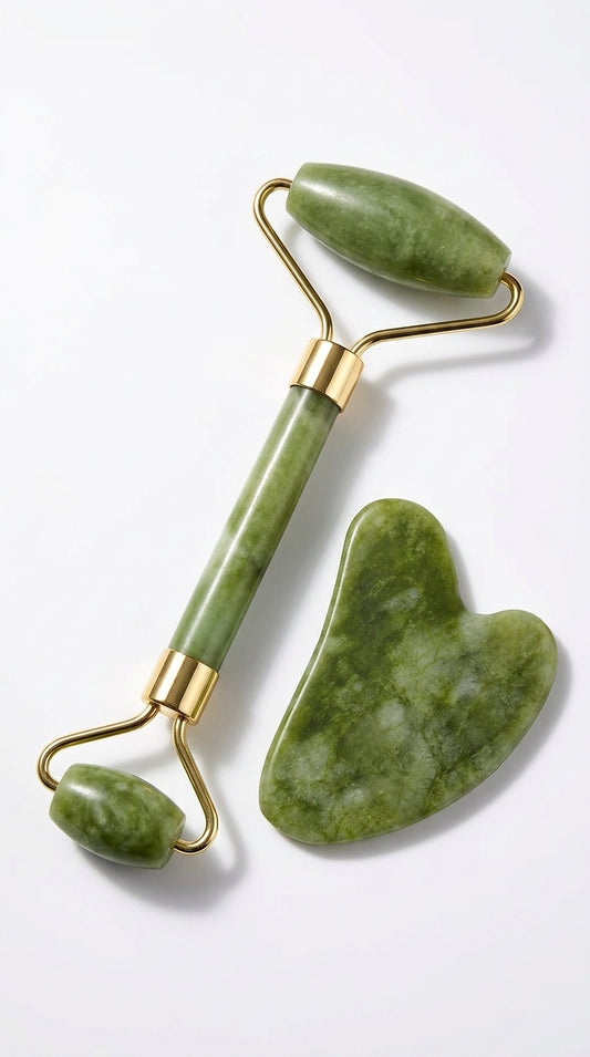Jade Roller & Gua Sha Set | Skin Glow & De-Puff | Face Sculpting Tool | Dermat Approved